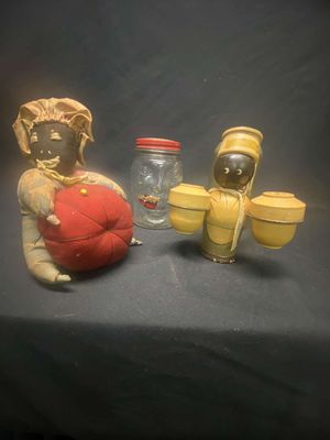 Mammy Pin Cushion, Lucky Joe Glass Bank & Wooden Chef Salt & Pepper 
Keywords: Black Americana;Antique;Collectable;Bank;Salt & Pepper;Pin Cushion;eldred;allcpgphotos