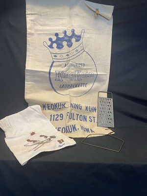 King Koin Launderette Sack, Mammy Flour Sack Dish Towel, Soap Shredder, Hanger & Clothespin
Keywords: Black Americana;Antique;Collectable;Linen Towel, Laundry;eldred;allcpgphotos