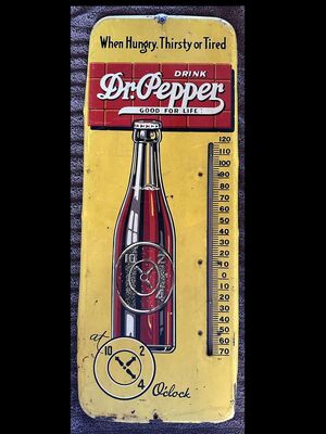 Antique Dr. Pepper 10-2-4 Thermometer Works ? When Hungry Thirsty or Tired Drink Dr. Pepper Good For Life Dr. Pepper Advertisement
Keywords: Antique;Collectable;eldred;allcpgphotos