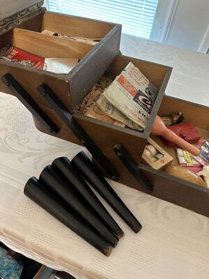 Vintage Accordion Sewing Boxed Filled w/Dozens of Sewing Notions, Scissors, Needles, Pin Cushions, Tape Measures, Black Americana Notions & Picadilly Wood Barrel Sewing Kit
Keywords: Accordian;Sewing Box;Antique;Vintage;Notions;Scissors;Needles;Advertising;Darning;Pin Cushions;Tape Measures;Buttons;Black Americana;Cadie;Luzianne;Thimbles;Picadilly Sewing Kit;eldred;allcpgphotos