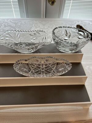 Lot of Antique Cut Glass Dishes Brilliant Cut Glass Relish Dish, Butterfly Bowl and Oval Bowl
Keywords: Antique;Billiant Glass;Cut Glass;Relish Dish;Butterfly Bowl;Oval Bowl;eldred;allcpgphotos