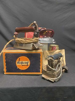 (3) Vintage Irons Antique Irons - GE Hotpoint w/Box, AZN Travel Iron Bakelite & Blue Handle Iron
Keywords: Antique;Collectable;Iron;Bakelite;eldred;allcpgphotos