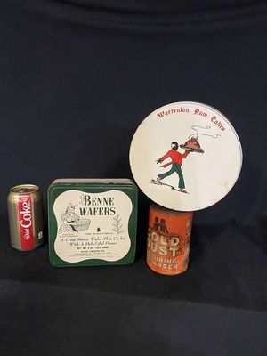 Antique Gold Dust Twins Scouring Cleanser 10 cents, Warrenton Rum Cake Tin & Mammy Benne Tin
Keywords: Antique;Vintage;Black Americana;Gold Dust Twins;Mammy;Tin;eldred;allcpgphotos