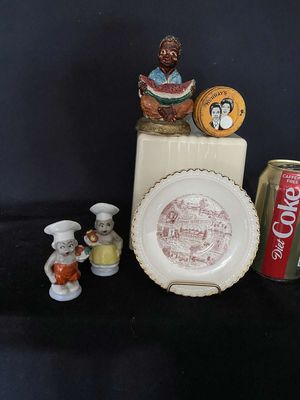 Vintage Black Americana Murray's Pomade Tin, Way Down South Plaster Watermelon Boy, Stephen Foster Museum Plate & Black Chefs Salt & Pepper Shakers
Keywords: Antique;Vintage;Murray's Pomade;Watermelon;Stephen Foster;Black Chefs S & P;eldred;allcpgphotos