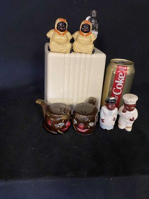Yellow Vintage Mammy Salt & Pepper Shakers, Black Maid & Cook S & P, Black Clown Pipe Salt & Pepper Shakers & Black Boy on Toilet 
Keywords: Black Americana;Antique;Collectable;Vintage;S & P;Mammy;Maid;Cook;Clown;Pipe;eldred;allcpgphotos