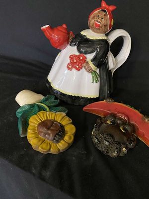 Vintage Black Americana 9" x 11" Framed Watermelon Girl & Boy 1950's Water Colors Signed Pollard, Black Chef Wooden Wall Knife Holder & Yellow Mammy Crumb Brush
Keywords: Black Americana;Antique;Collectable;Vintage;Watermelon;Water Colors;Chef;Knife Holder;Mammy;eldred;allcpgphotos