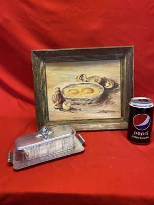 Vintage Oil Painting Frying Eggs Signed Anna 1976 & Mid Century Modern Butter Dish Aluminum & Glass w/Tray
Keywords: Vintage;Oil Painting;Mid Century Modern;Butter Dish;eldred;allcpgphotos