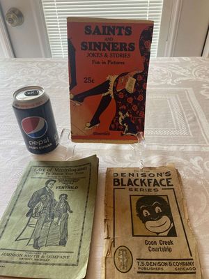 (3) Black American Antique Booklets - The Art of Ventriloquism, Denison's Black Face & Saints & Sinners
Keywords: Antique;Black Americana;Booklet;Picaninny;Ventriloquism;Denison's;eldred;allcpgphotos
